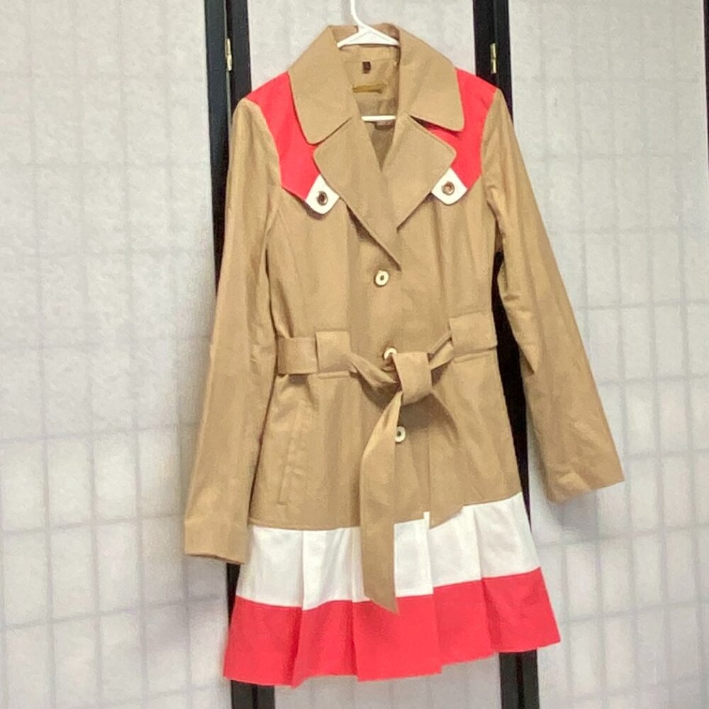 Vintage Iman Platinum Pleated Trench Coat Beige Pink White Classic L Rain Jacket - Picture 3 of 13